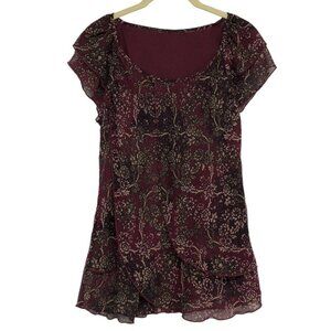 Burgundy Floral Chiffon flowy tunic scoop neck Short Sleeve Blouse size ~M